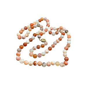 Striped Agate Necklace 14K Gold Hand Knotted Round Semi-Precious Stones Necklace
